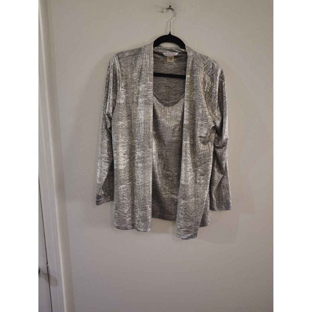 Allison Daley Womens Silver Metallic Knit Twin Set Cardigan and Tank Top Size M